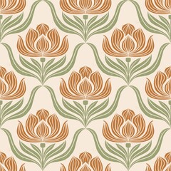 Elegant lotus-inspired floral pattern with flowing green vines and vintage texture. Perfect for wallpaper, textiles, and home decor projects.
