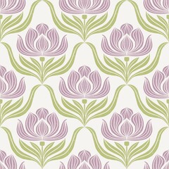 Elegant lotus-inspired floral pattern with flowing green vines and vintage texture. Perfect for wallpaper, textiles, and home decor projects.