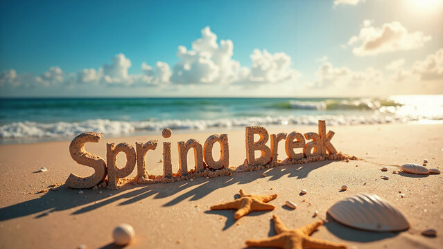 Happy Spring Break Message in Beach Sand: Perfect for Easter Travel Promotions, Vacation Marketing, and Holiday Campaigns