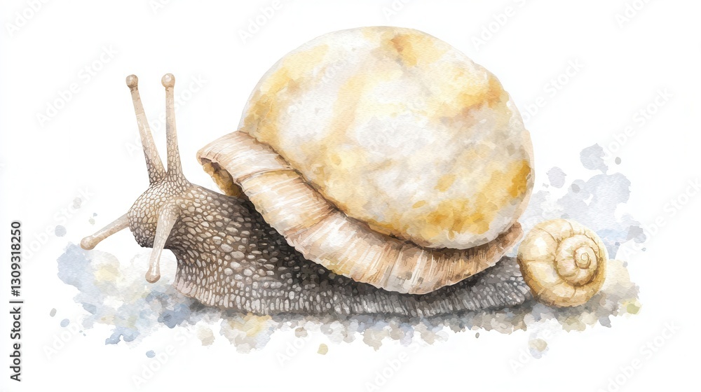Poster whimsical watercolor sketch depicting a gentle snail with a detailed textured shell against a soft a