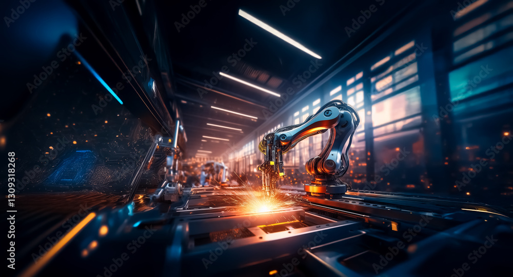 Aufkleber futuristic factory scene with automated robotic arms precisely welding in a modern industrial facili