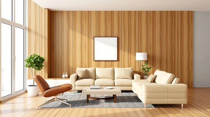 Stylish Modern Living Room with Brown Leather Chair, Beige Sofa, and Warm Wooden Wall Panels | 3D Illustration