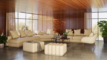 Large luxury modern bright interiors Living room mockup illustration 3D rendering image