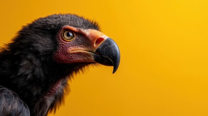 A striking close-up of a majestic bird, showcasing its vivid eyes and detailed feathers, set against a bright yellow backdrop for a vibrant effect.