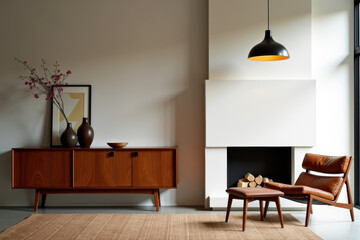 A stylish modern mid-century living room with warm tones and minimalist decor  .