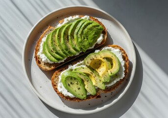 Delicious avocado toast topped with creamy cheese and fresh herbs