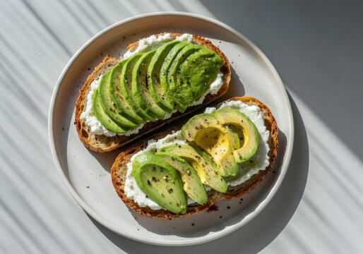 Delicious avocado toast topped with creamy cheese and fresh herbs