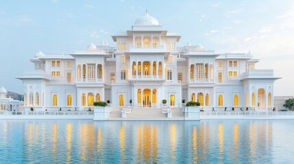 Naklejka premium Majestic White Palace with Lush Surroundings Reflecting in Calm Water at Twilight