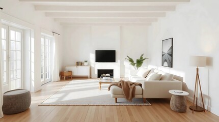 Serene Scandinavian-Style Living Room with Light Wood Floors, White Walls, and Cozy Minimalist Furniture