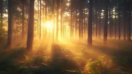 Sunrise in a misty pine forest.
