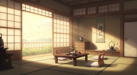 Japanese Room Interior with Tatami Mats, Low Table, and Natural Light