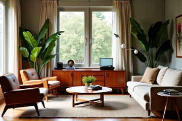 Fototapeta premium A stylish modern mid-century living room with warm tones and minimalist decor .