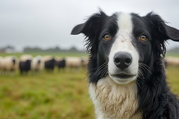 Fototapeta premium Border collie observing sheep in a vibrant green pasture during an overcast day