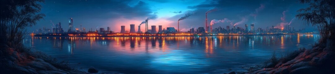 Naklejka premium Illuminated Industrial Night Skyline with Reflective Waters. Generative AI