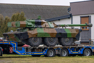 howitzer on a truck trailer. Heavy military equipment during transport