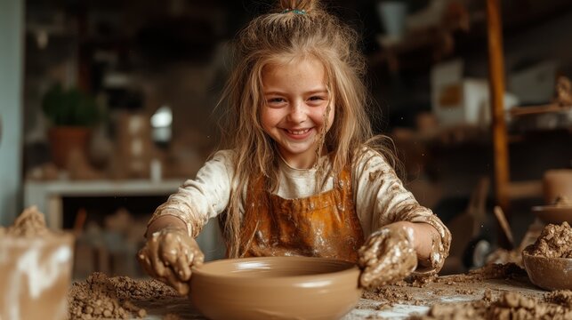 A young girl joyfully creates pottery, showcasing her artistic talent and creativity while her hands are covered in clay, expressing her connection to art and play.