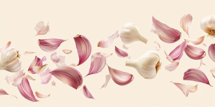 Fresh garlic cloves flying with papery skin peeling on a soft cream background