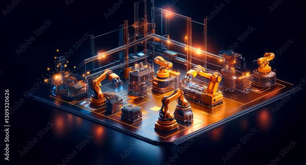 Poster Futuristic automated factory with robotic arms working on a grid platform. Orange and blue lights illuminate the industrial scene, showcasing advanced technology.