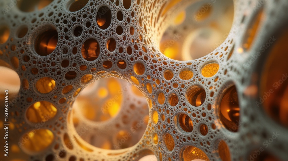 Poster microscopic perspective of complex cellular organisms in an abstract floating environment.