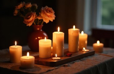 Candlelit arrangement with roses creating a warm atmosphere at dusk