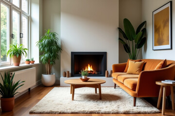 Fototapeta premium A stylish modern mid-century living room with warm tones and minimalist decor .