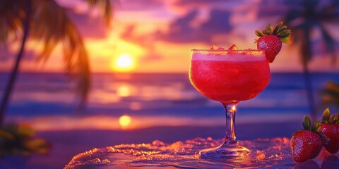 Frozen daiquiri with blended strawberries on a softly glowing tropical beach sunset