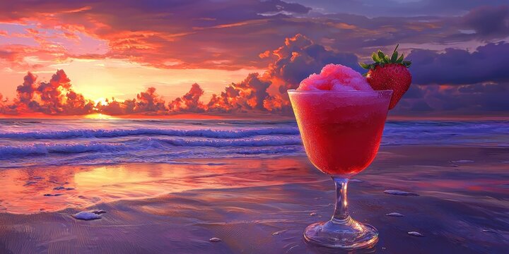 Frozen daiquiri with blended strawberries on a softly glowing tropical beach sunset - Powered by Adobe
