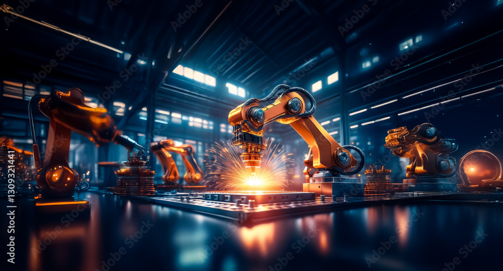 Poster robotic arms weld metal in a dark, futuristic factory. sparks fly as automated machines work on a pr