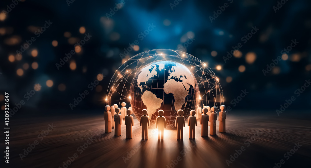 Poster A global network connects people standing around a glowing world. Figures encircle the earth in a futuristic, interconnected digital age with bokeh lights background.