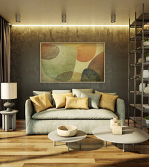 Large luxury modern bright interiors Living room mockup illustration 3D rendering image