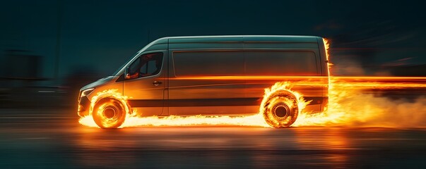 A white van moving with stylized flames in motion