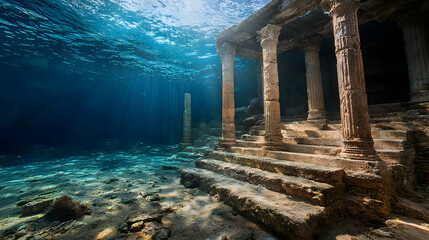 Submerged Pixelated Ancient Temple Underwater With Blue Water and Sunlight