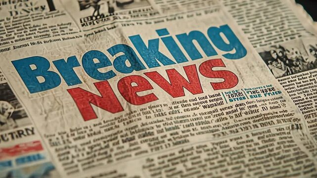 Close-up shot of a vintage newspaper headline reading "Breaking News".  Ideal for news, media, journalism, history, and retro themes.