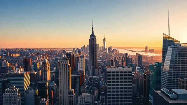 Stunning sunset view over the New York City skyline, featuring iconic skyscrapers like the Empire State Building.