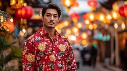 Portrait of a Young Asian Man in a Red Floral Shirt at Night in a City with Lanterns