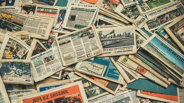 Pile of old newspapers, vintage press clippings, news articles, and headlines.  A chaotic collection of printed media.
