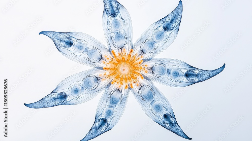 Poster ethereal blue and orange flower with delicate petals and intricate patterns against a soft backgroun