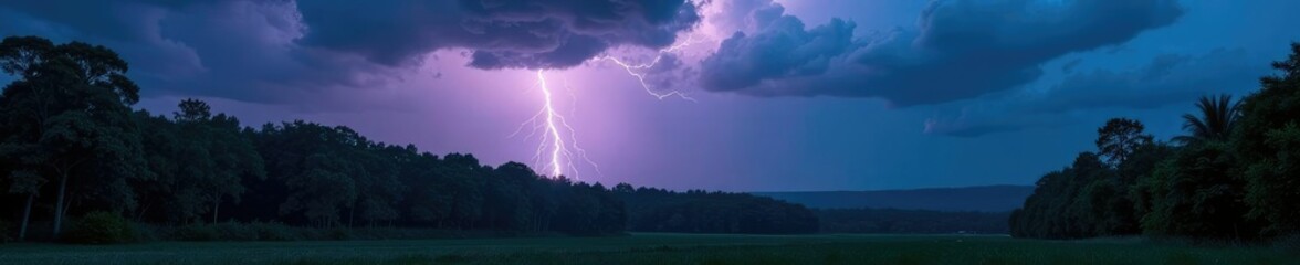 Lightning illuminates forest landscape during storm, shadows, cloudy