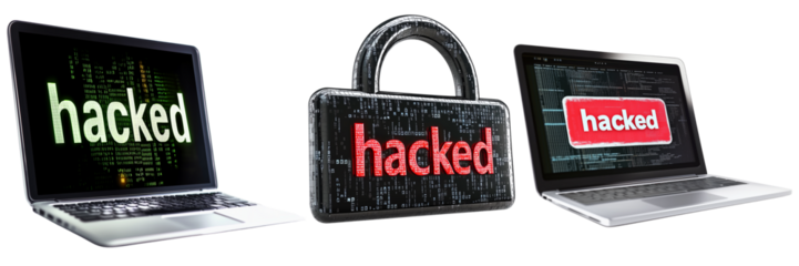 choice of hacked icons: lock and two laptops with hacked sign