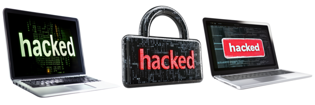 choice of hacked icons: lock and two laptops with hacked sign