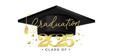 Congrats Graduates vector concept.Class of 2025 design for graduation ceremony invitation, party, high school or college yearbook. Gold typography letters, flying confetti and academic cap on white