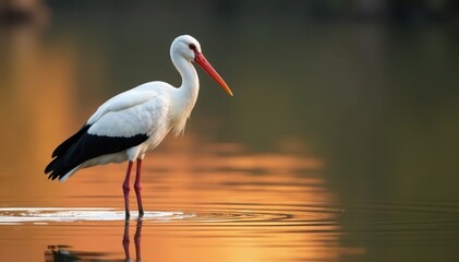 Obraz premium White stork, tilted pose, dawn reflection, calm water, dawn, ornithology, sun