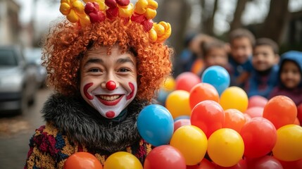 Happy Young Clown with Curly Hair Making Balloons for Kids. Generative AI
