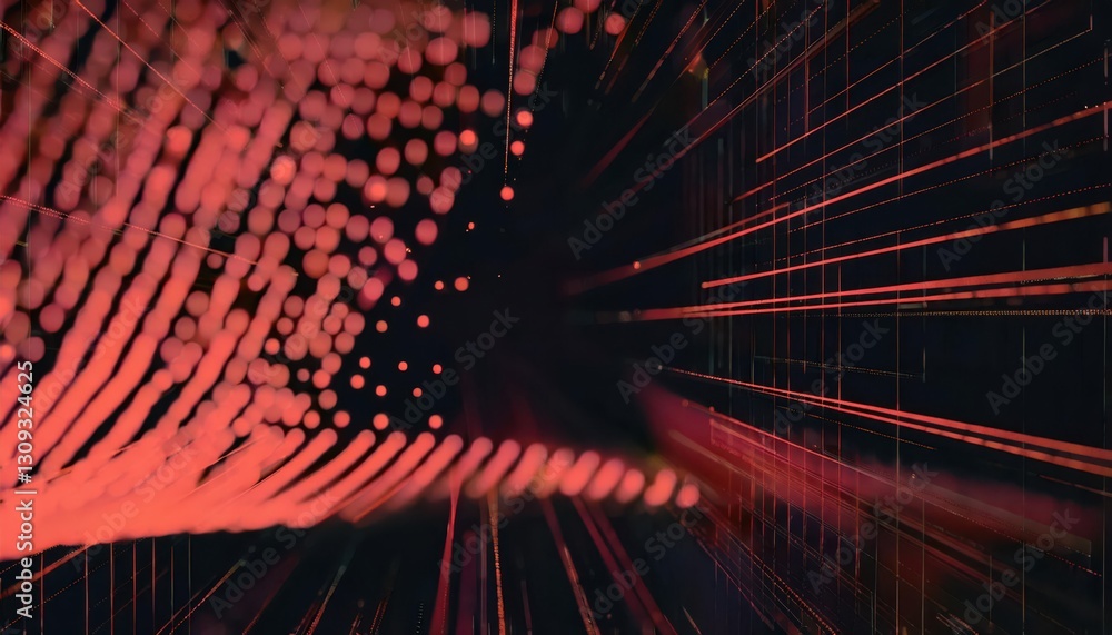 Poster abstract digital light burst with red fiber optic strands radiating from center against dark backgro