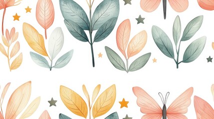 Obraz premium Serene Floral Pattern with Butterflies and Leaves in Soft Pastel Colors for Elegant Designs
