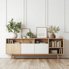 Modern wooden sideboard with plants and artwork in a white room