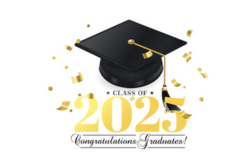 Congrats Graduates vector concept.Class of 2025 design for graduation ceremony invitation, party, high school or college yearbook. Gold typography letters, flying confetti and academic cap on white