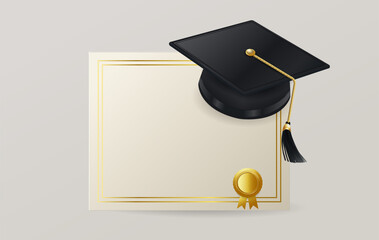 Graduation cap and diploma certificate design for grad ceremony isolated on white background. Congratulations graduates vector illustration design for logo, banner, sign, card or invitation.