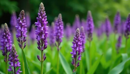 Obraz premium Liriope plant in full bloom with purple flowers, purple, perennial, green