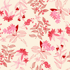 Tropical pattern, floral, leaves. Digital print in Repeat (rapport), Resolution 300 DPI, ideal for fashion, decoration and stationery.